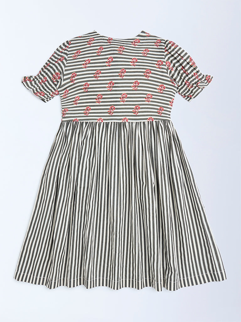 Utsa Kids Black Striped Cotton-Blend A-Line Dress - (8-14yrs)