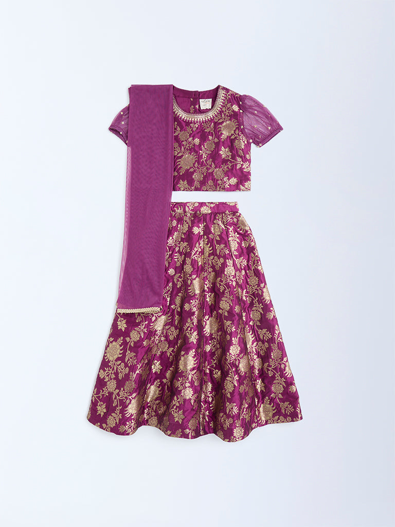 Utsa Kids Plum Floral Embroidered Ethnic Set - (2-8yrs)