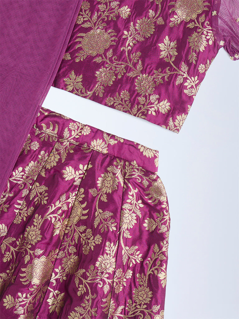 Utsa Kids Plum Floral Embroidered Ethnic Set - (2-8yrs)