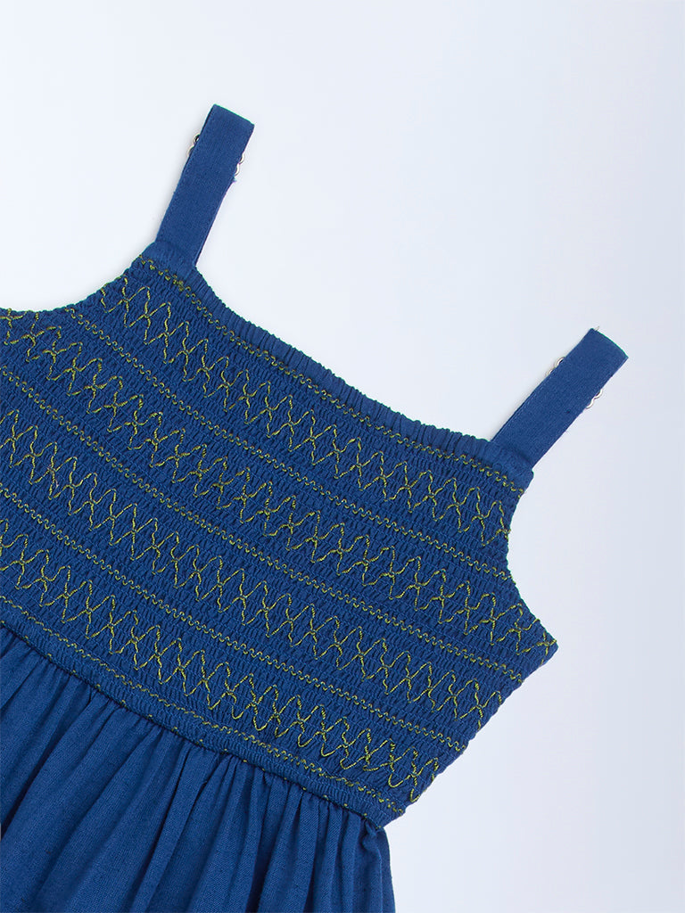 Utsa Kids Navy Embroidered Cotton-Blend A-Line Dress - (2-8yrs)