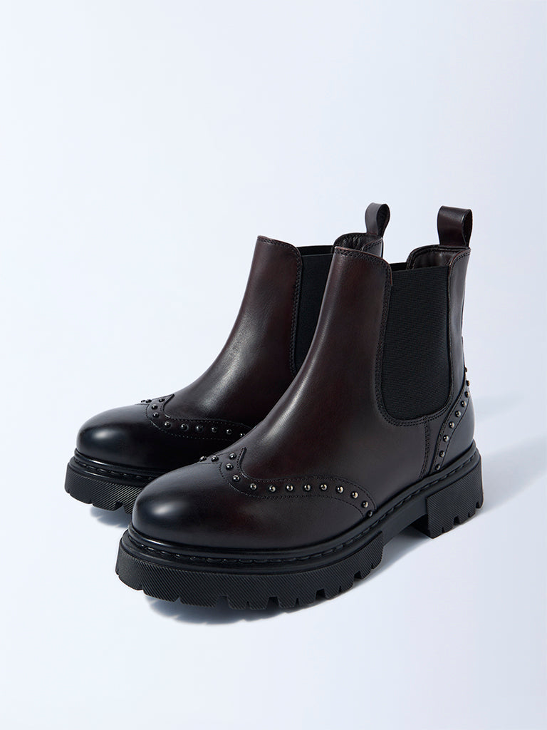 LUNA BLU Burgundy Stud-Detailed Chelsea Leather Boots