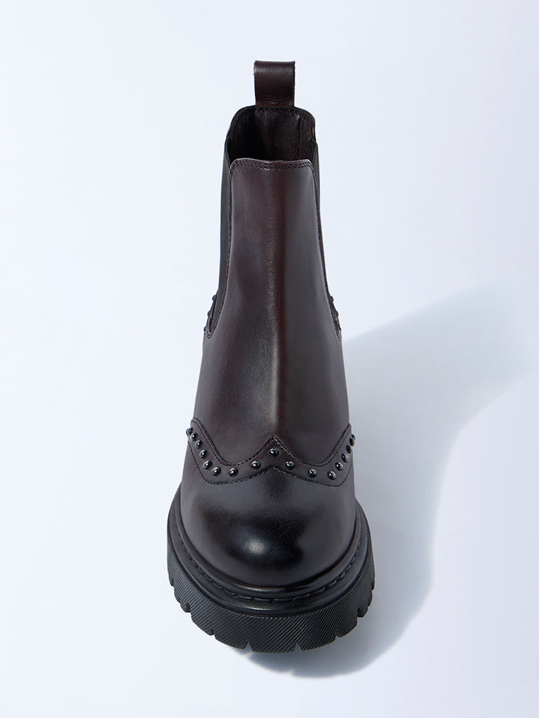 LUNA BLU Burgundy Stud-Detailed Chelsea Leather Boots