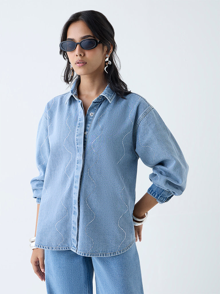 LOV Light Blue Diamante Embellished Denim Jacket