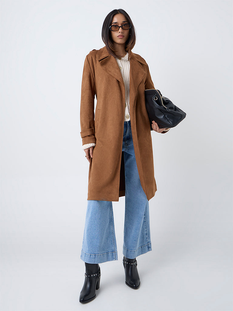 LOV Tan Suede Long Coat with Belt