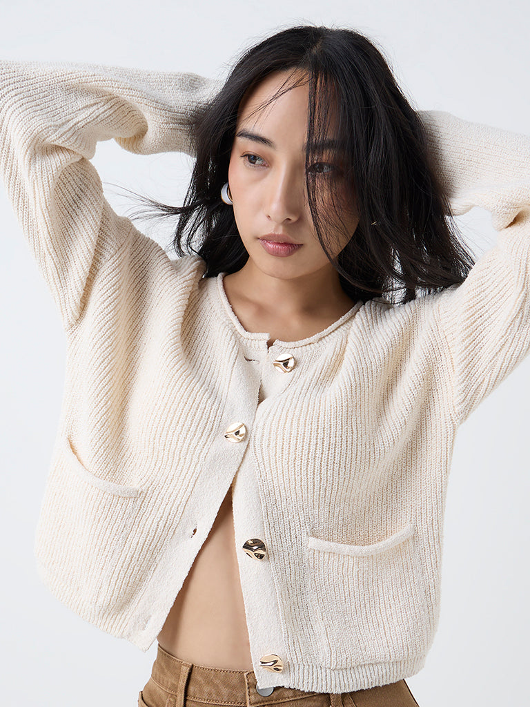 LOV Cream Knitted Cotton-Blend Cardigan