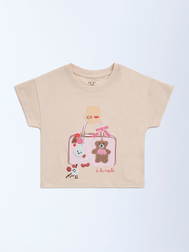 HOP Kids Peach Embroidered Cotton T-Shirt