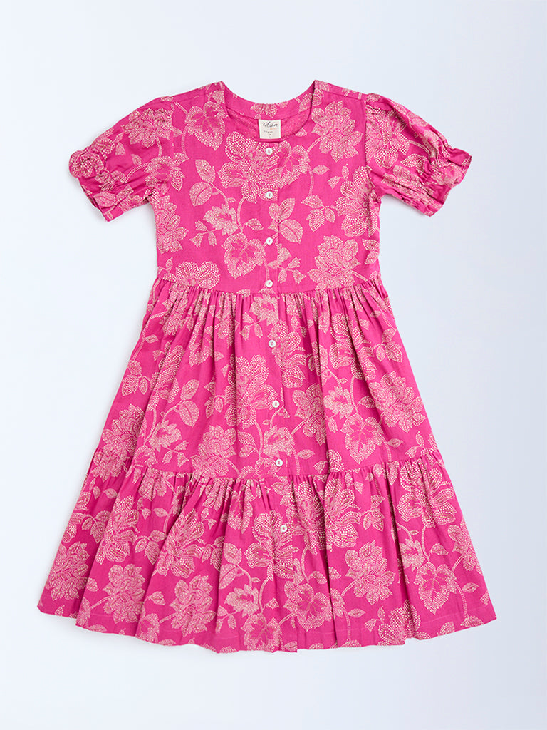 Utsa Kids Pink Bandhani Floral Cotton-Blend Tiered Dress - (8-14yrs)
