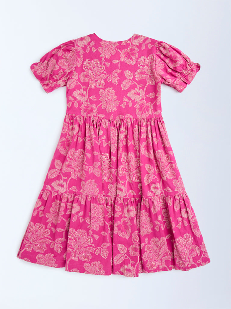 Utsa Kids Pink Bandhani Floral Cotton-Blend Tiered Dress - (8-14yrs)