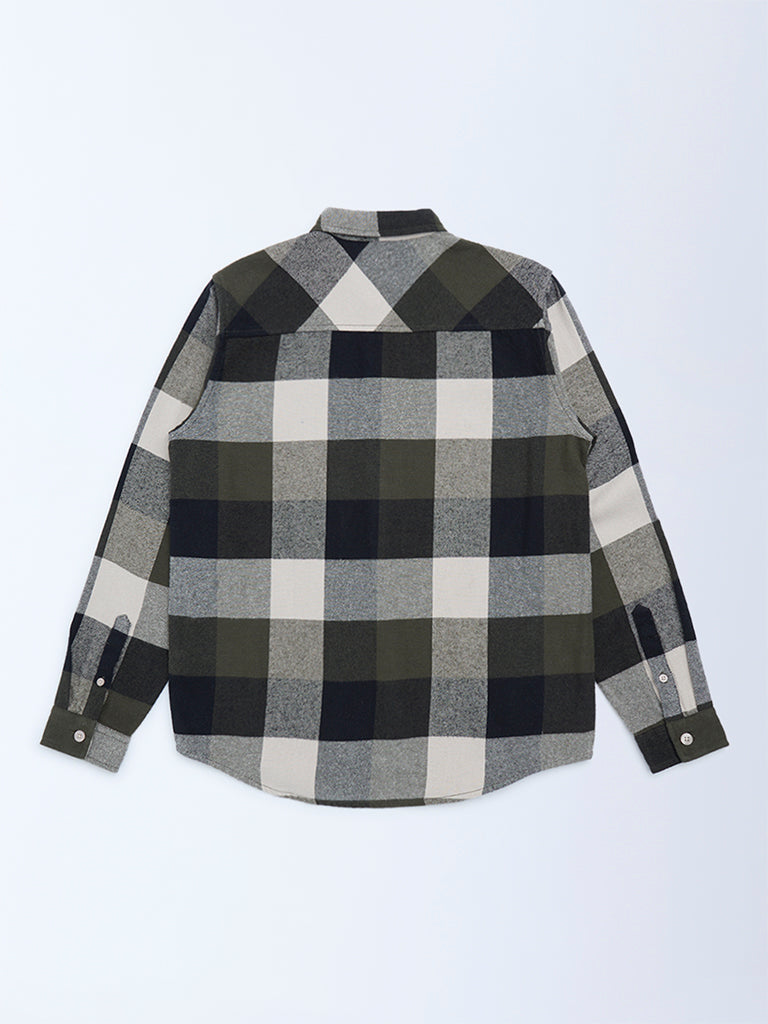 Y&F Kids Olive Checks Design Cotton Shirt