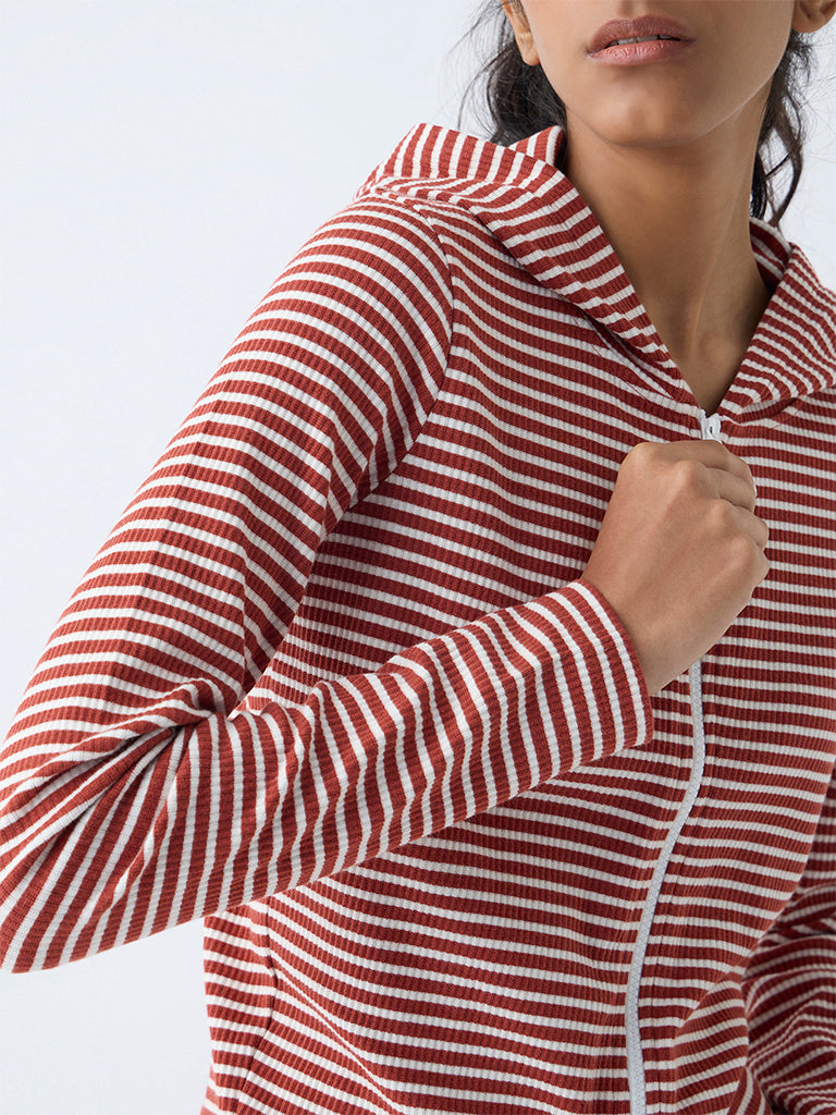 Studiofit Rust Striped Cotton-Blend Hooded Jacket