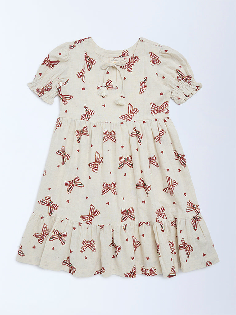Utsa Kids Off-White Bow-Printed A-Line Cotton-Blend Dress - (8-14 years)