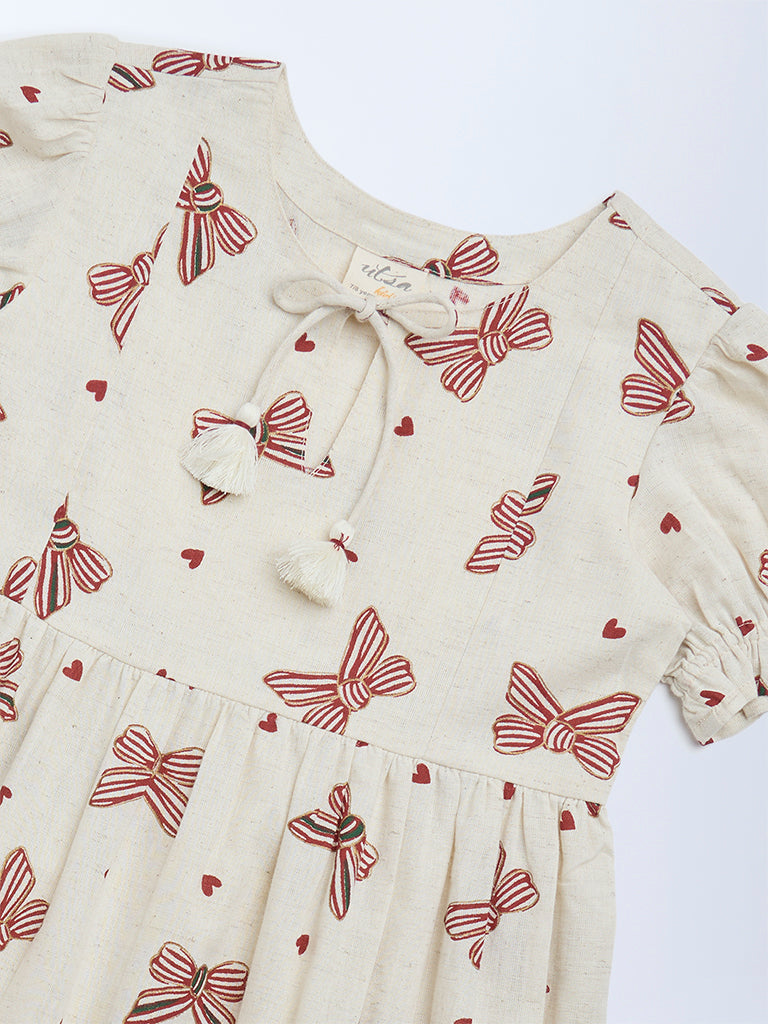 Utsa Kids Off-White Bow-Printed A-Line Cotton-Blend Dress - (8-14 years)