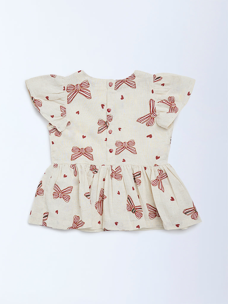 Utsa Kids Off-White Printed Cotton-Blend Top - (2-8 years)