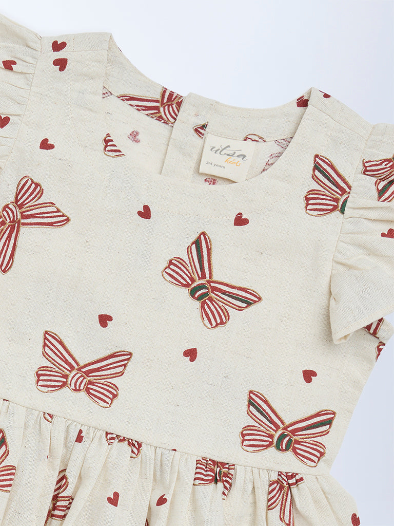 Utsa Kids Off-White Printed Cotton-Blend Top - (2-8 years)