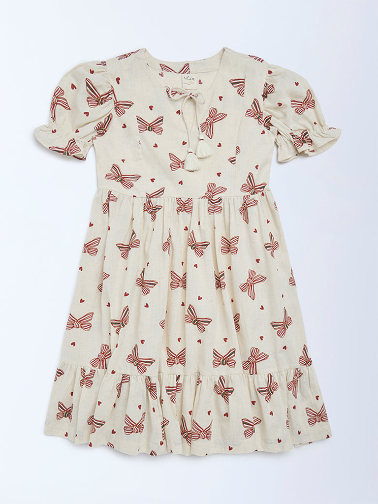 Utsa Kids Off-White Bow-Printed A-Line Cotton-Blend Dress - (2-8 years)
