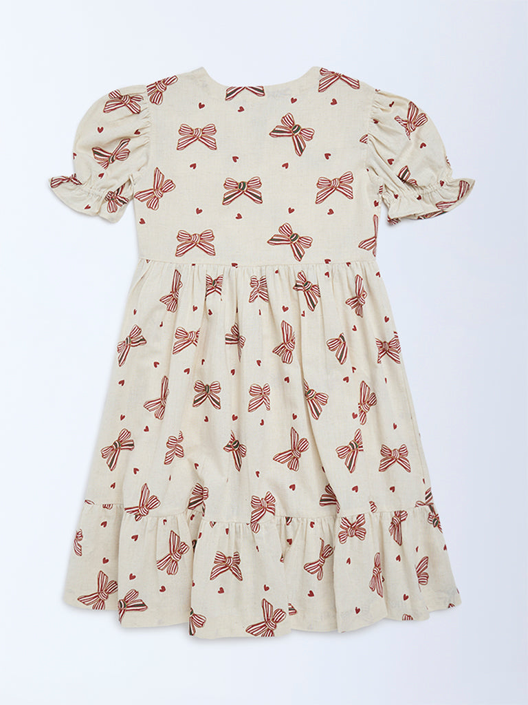 Utsa Kids Off-White Bow-Printed A-Line Cotton-Blend Dress - (2-8 years)