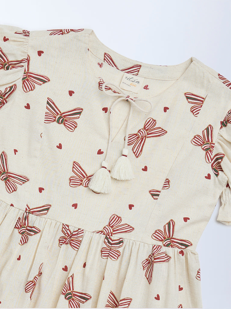 Utsa Kids Off-White Bow-Printed A-Line Cotton-Blend Dress - (2-8 years)