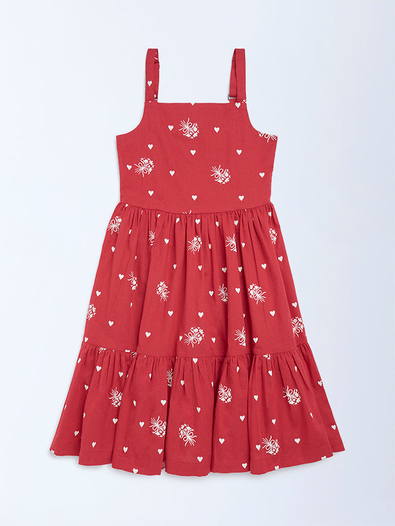 Utsa Kids Red Printed A-Line Cotton-Blend Dress - (8-14 years)
