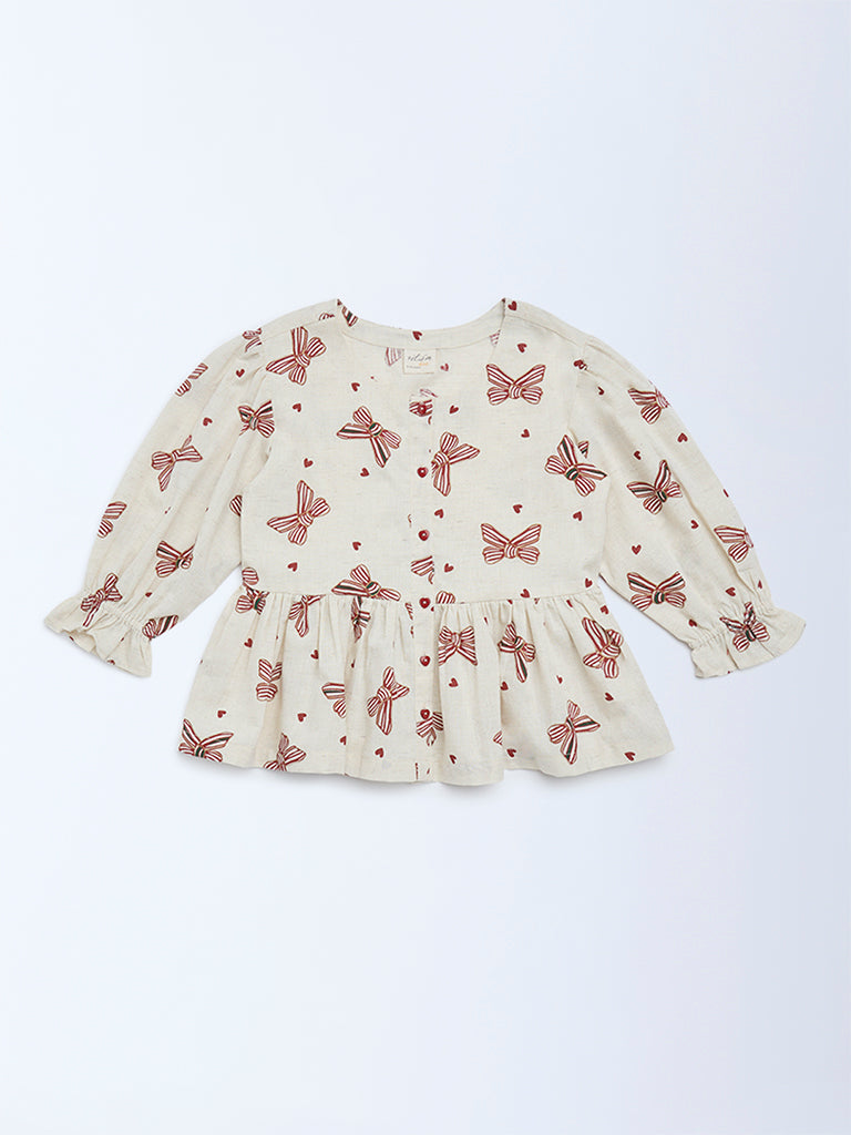 Utsa Kids Off-White Printed Cotton-Blend Top - (8-14 years)