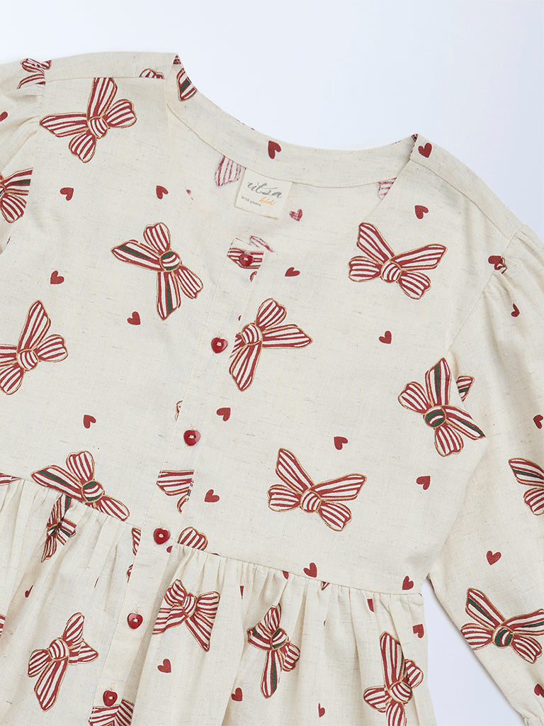 Utsa Kids Off-White Printed Cotton-Blend Top - (8-14 years)