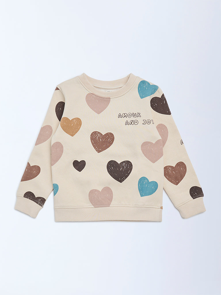HOP Kids Beige Heart Printed Cotton-Blend Sweatshirt