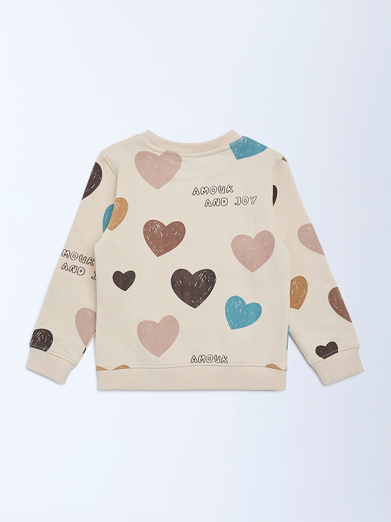 HOP Kids Beige Heart Printed Cotton-Blend Sweatshirt
