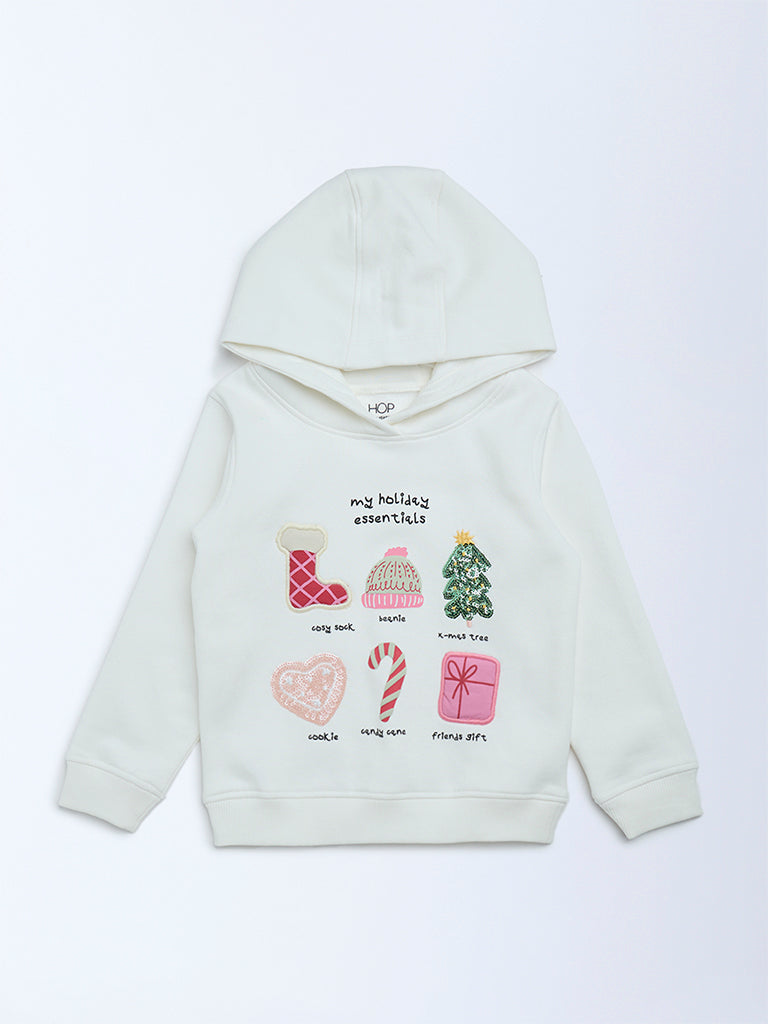 HOP Kids White Holiday-Themed Cotton-Blend Hoodie