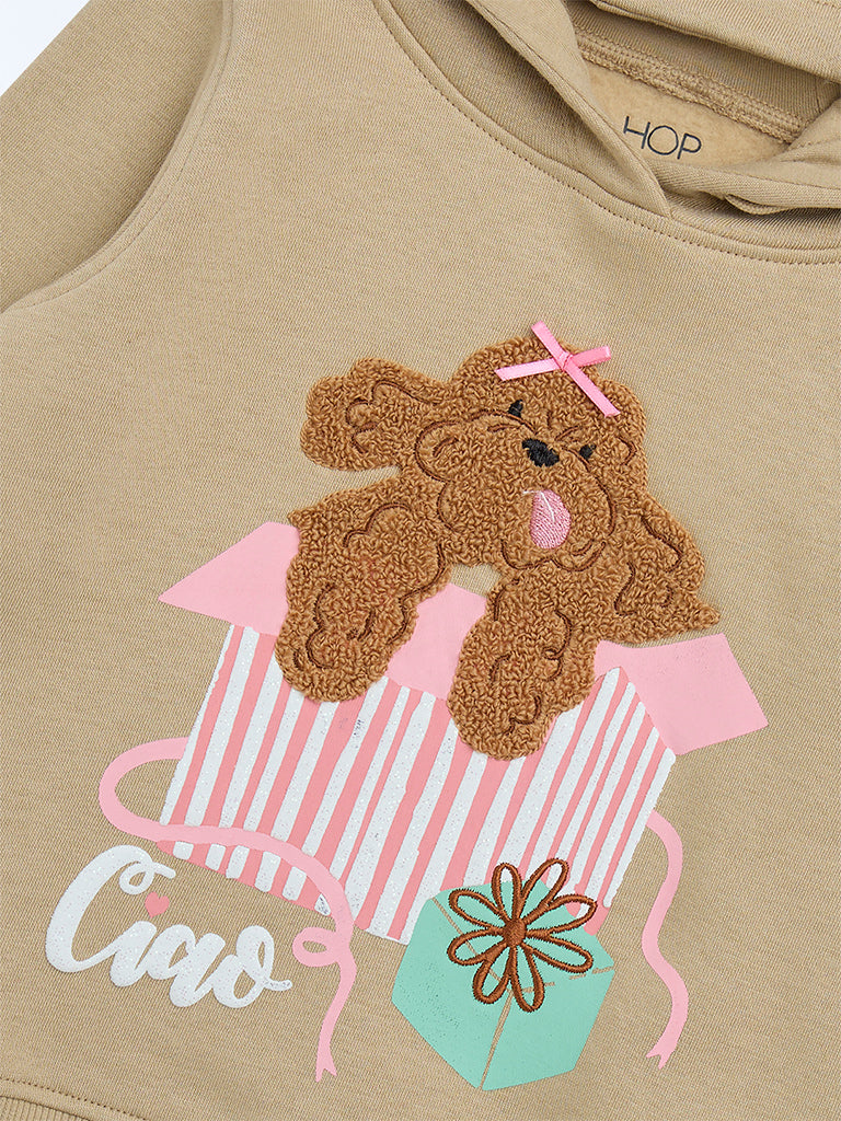 HOP Kids Taupe Printed Cotton-Blend Hoodie