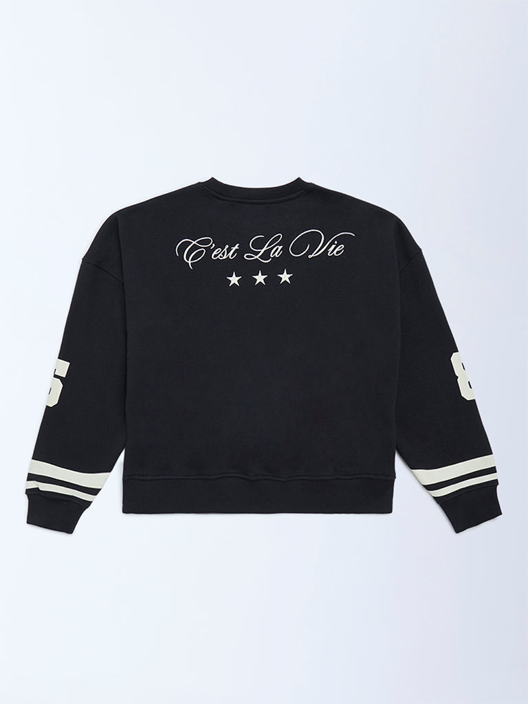 Y&F Kids Black Text Design Cotton-Blend Sweatshirt