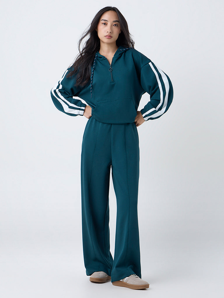 LOV Teal Stripe Detailed Quarter-Zip Hoodie