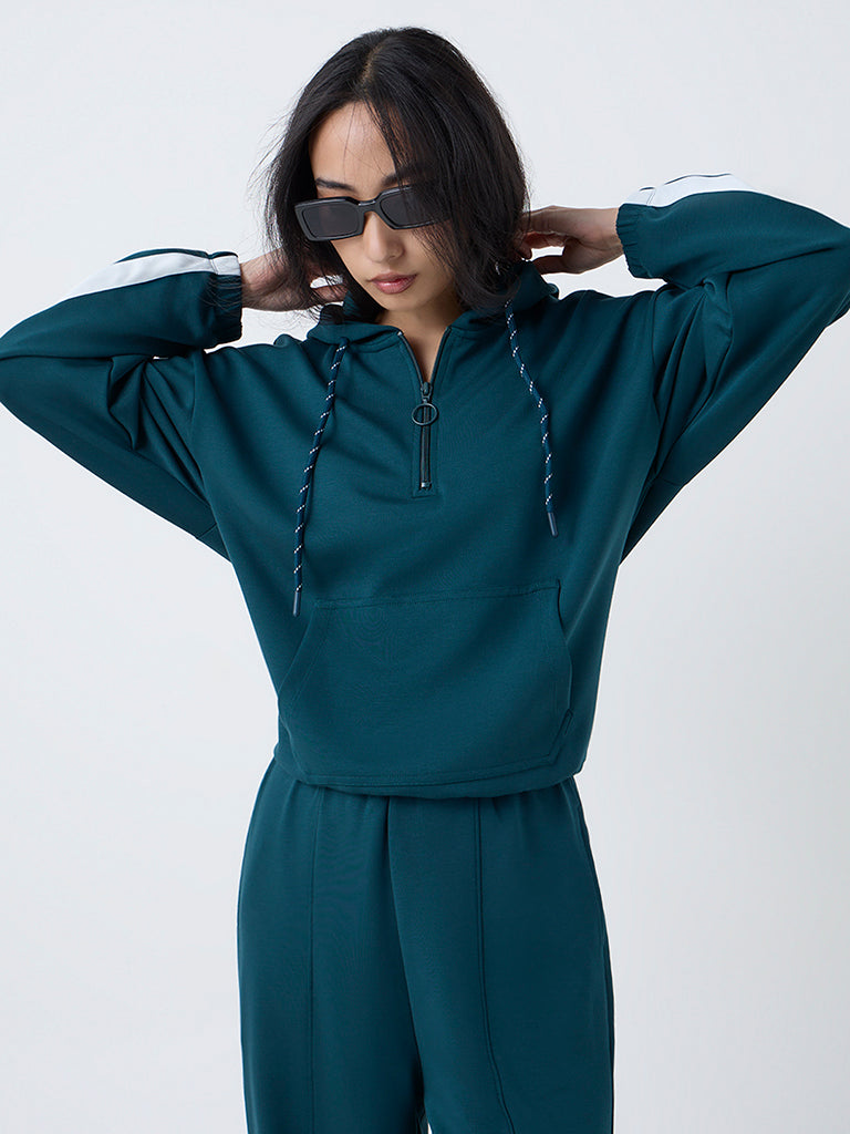 LOV Teal Stripe Detailed Quarter-Zip Hoodie