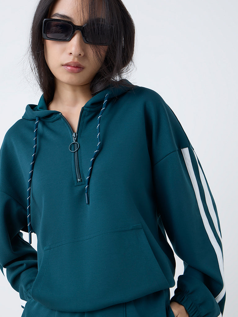 LOV Teal Stripe Detailed Quarter-Zip Hoodie