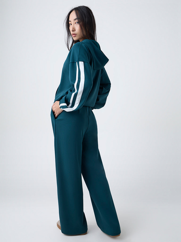 LOV Teal Stripe Detailed Quarter-Zip Hoodie