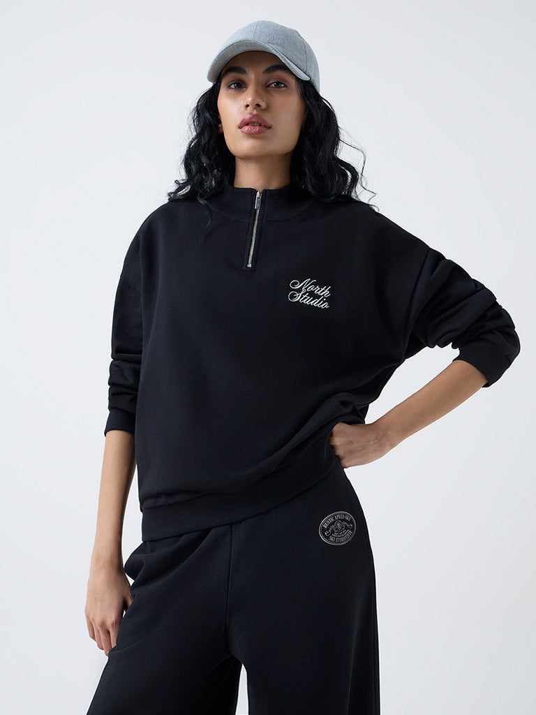 Studiofit Black Text Design Cotton Sweatshirt