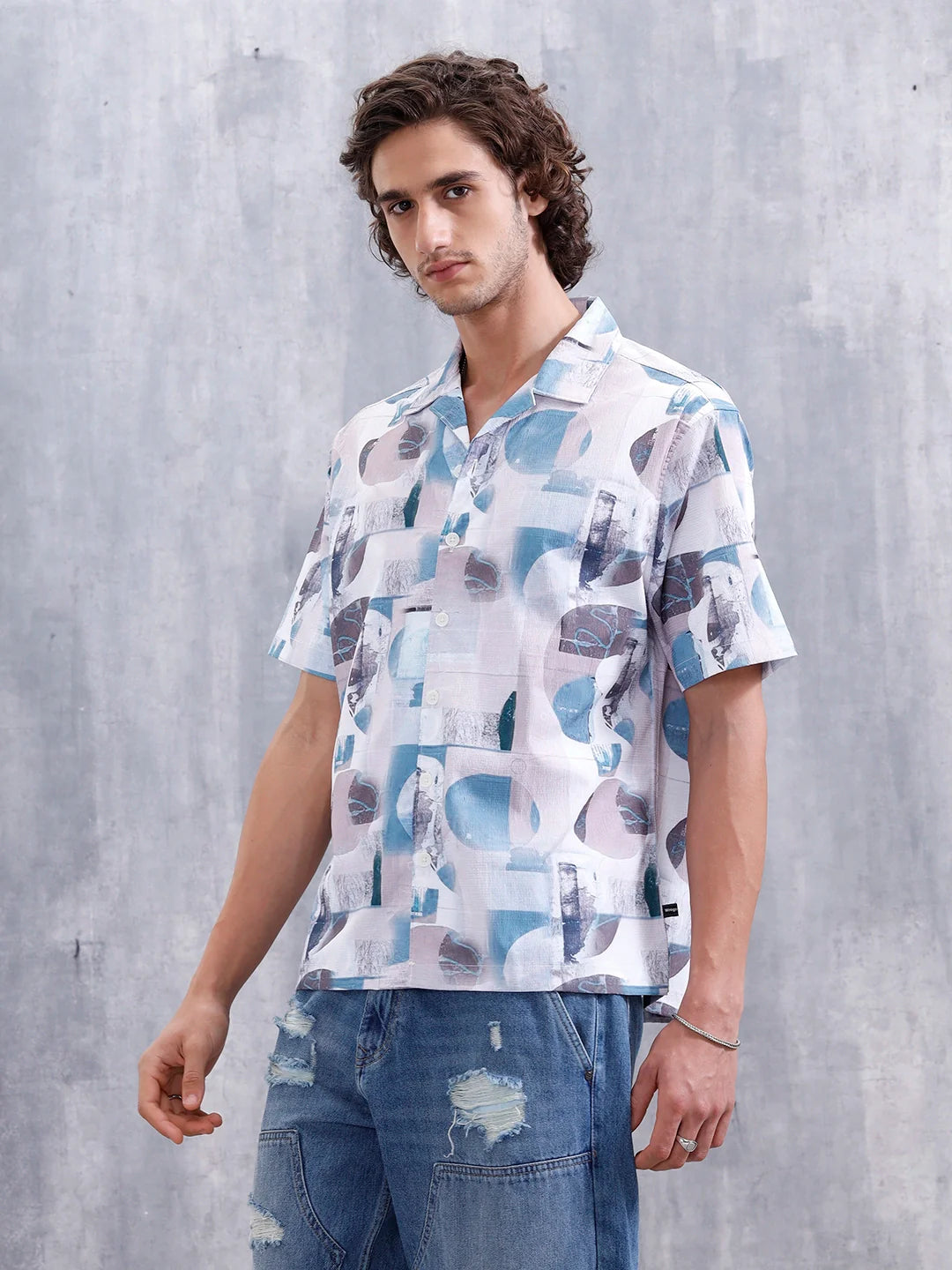 Abstract Aop Printed Comfort Fit Resort Collar Shirt | Blue