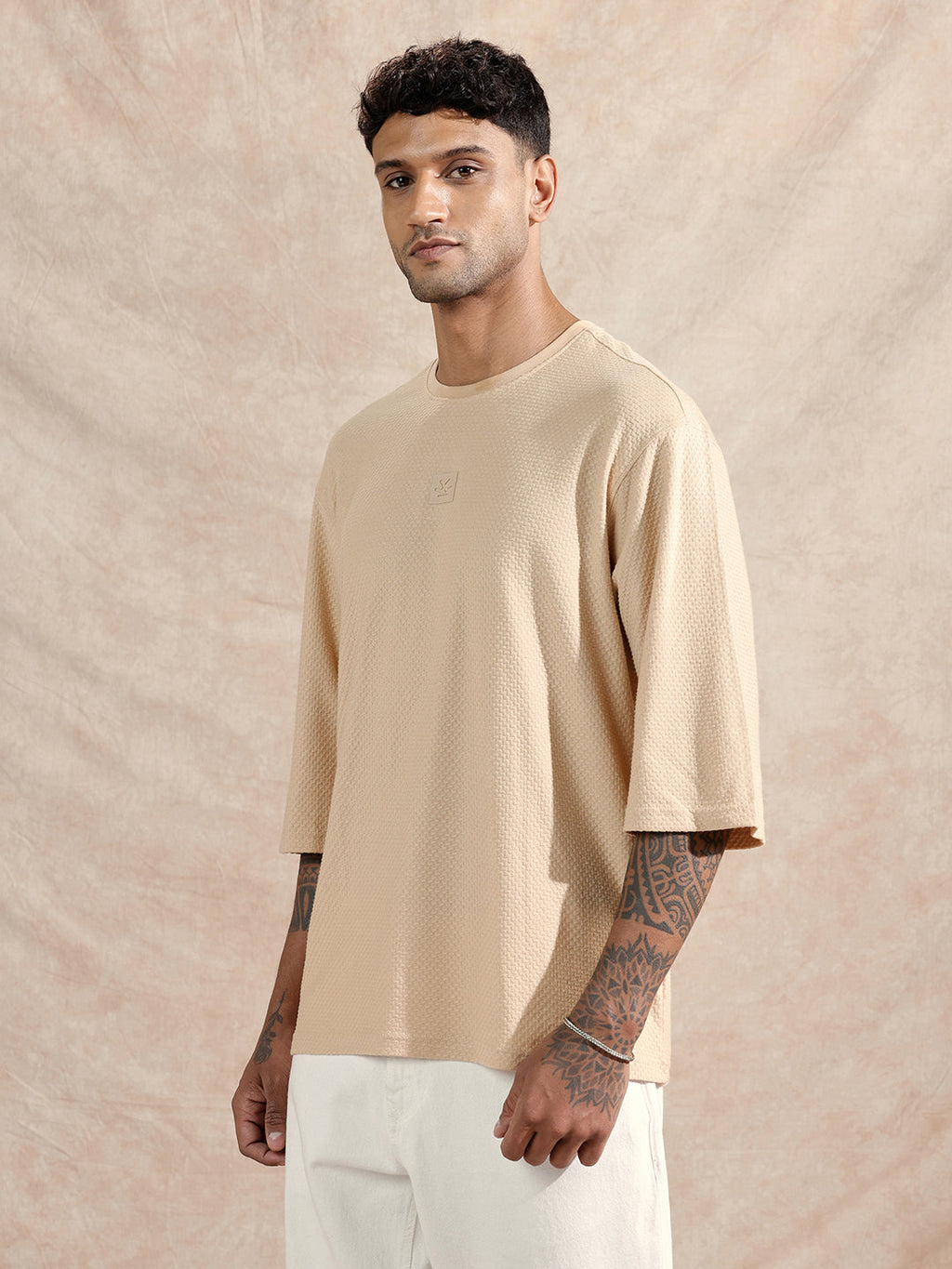 3/4th Sleeve Textured T-Shirt | Beige
