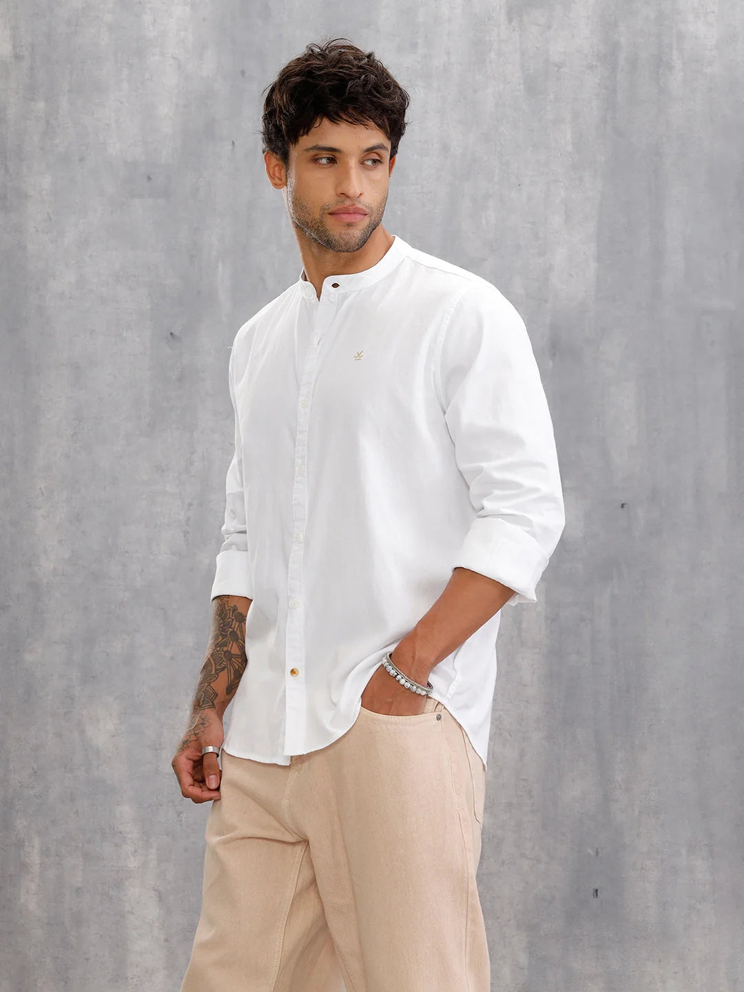 100% Cotton Solid Mandarine Collar Shirt I White