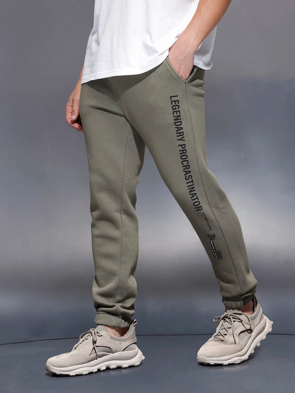 Men's casual slim fit jogger with typographic print design | Olive