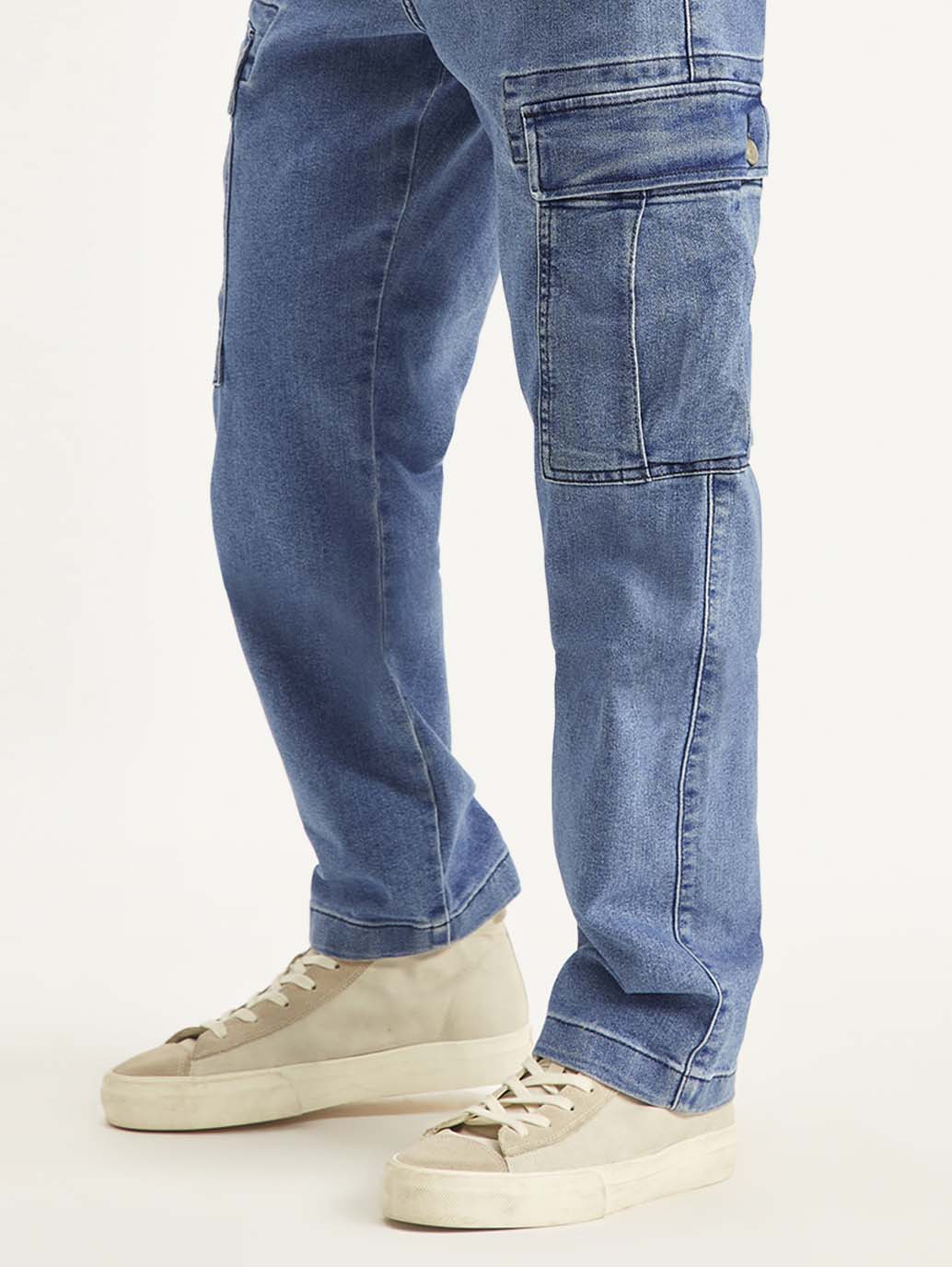 Men's Blue Straight Fit Mid Rise Cargo Jeans