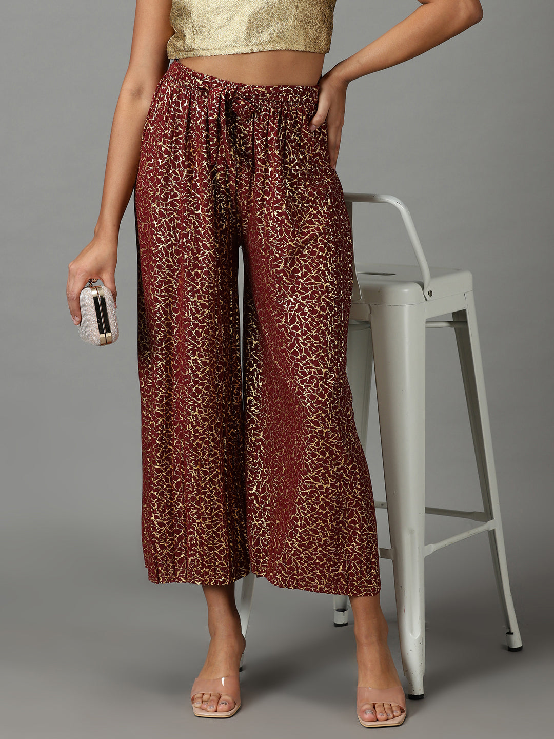Women's Maroon Printed Relaxed Straight Fit Culottes Trousers