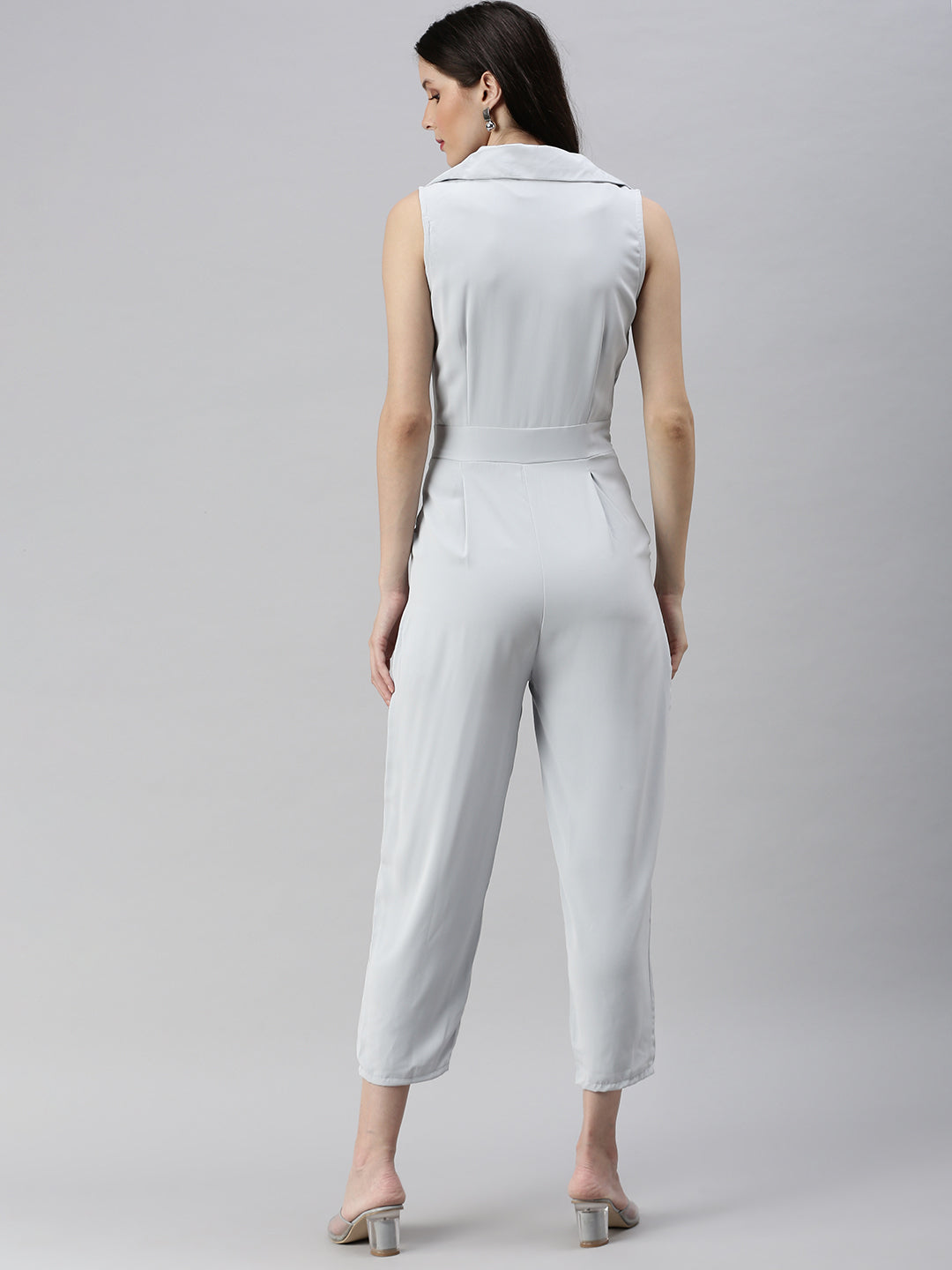 Women's Grey Shawl Neck Basic Jumpsuit