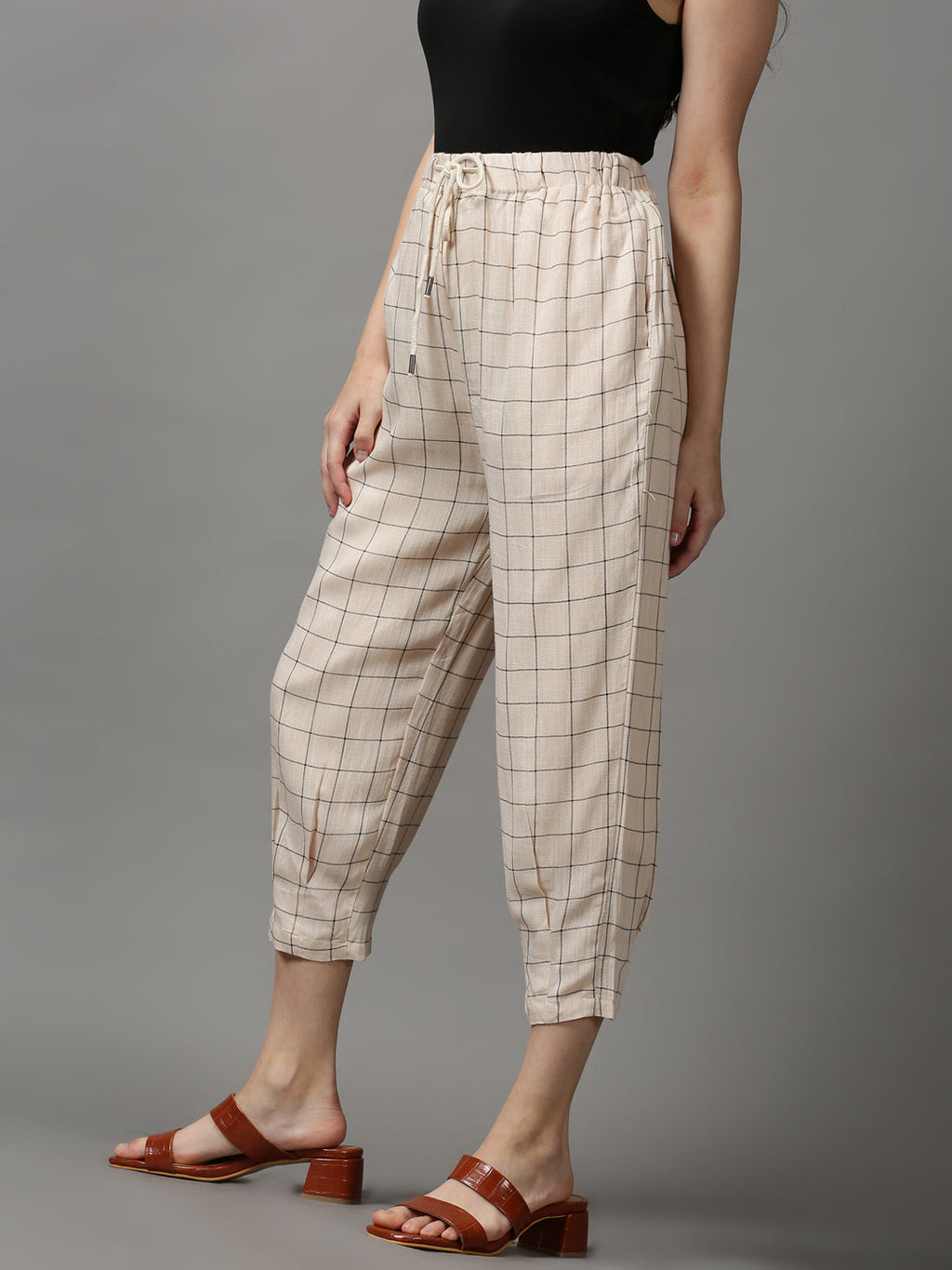 Women's Cream Checked Trousers