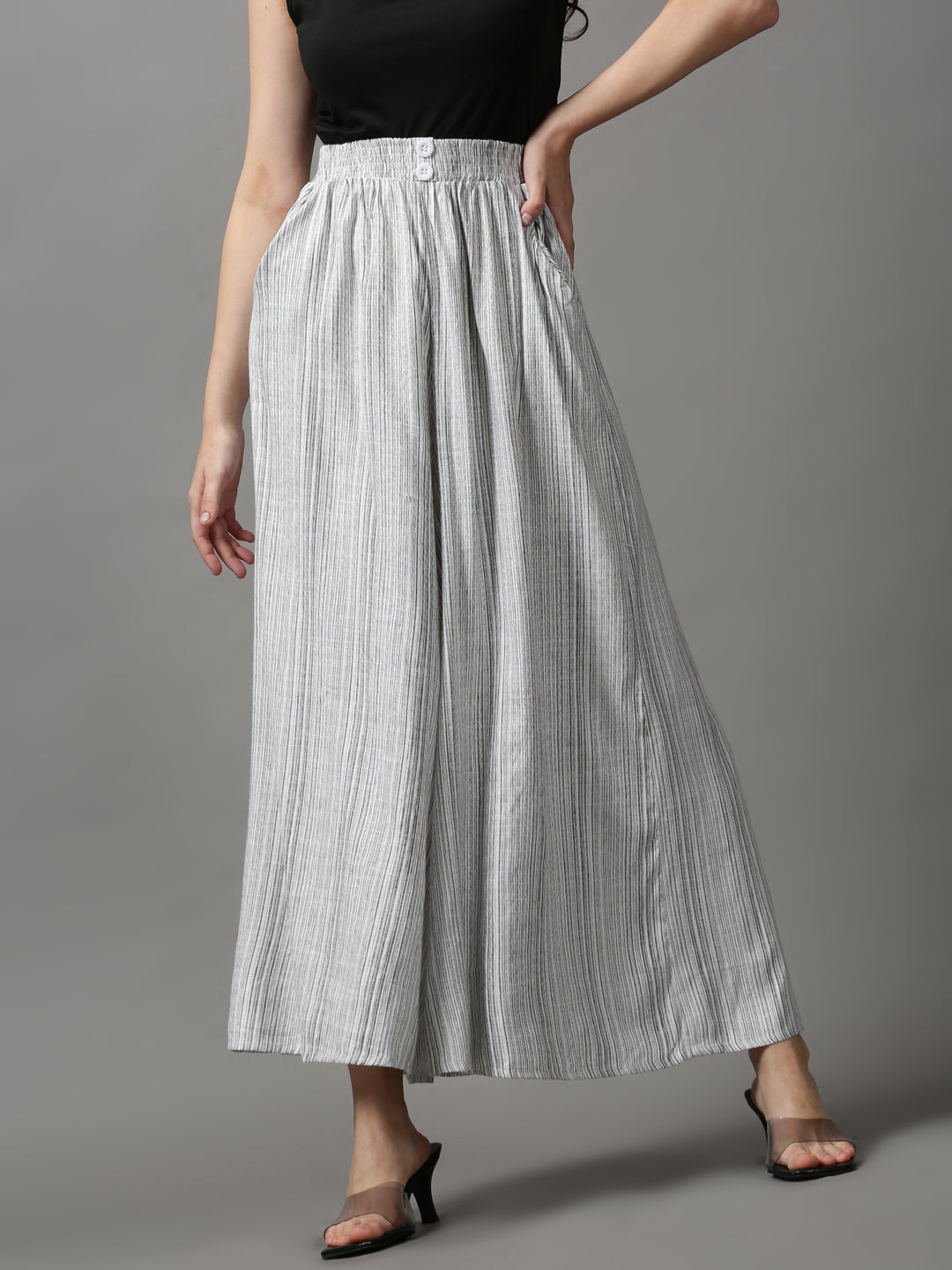 Women's White Striped Flared Trousers
