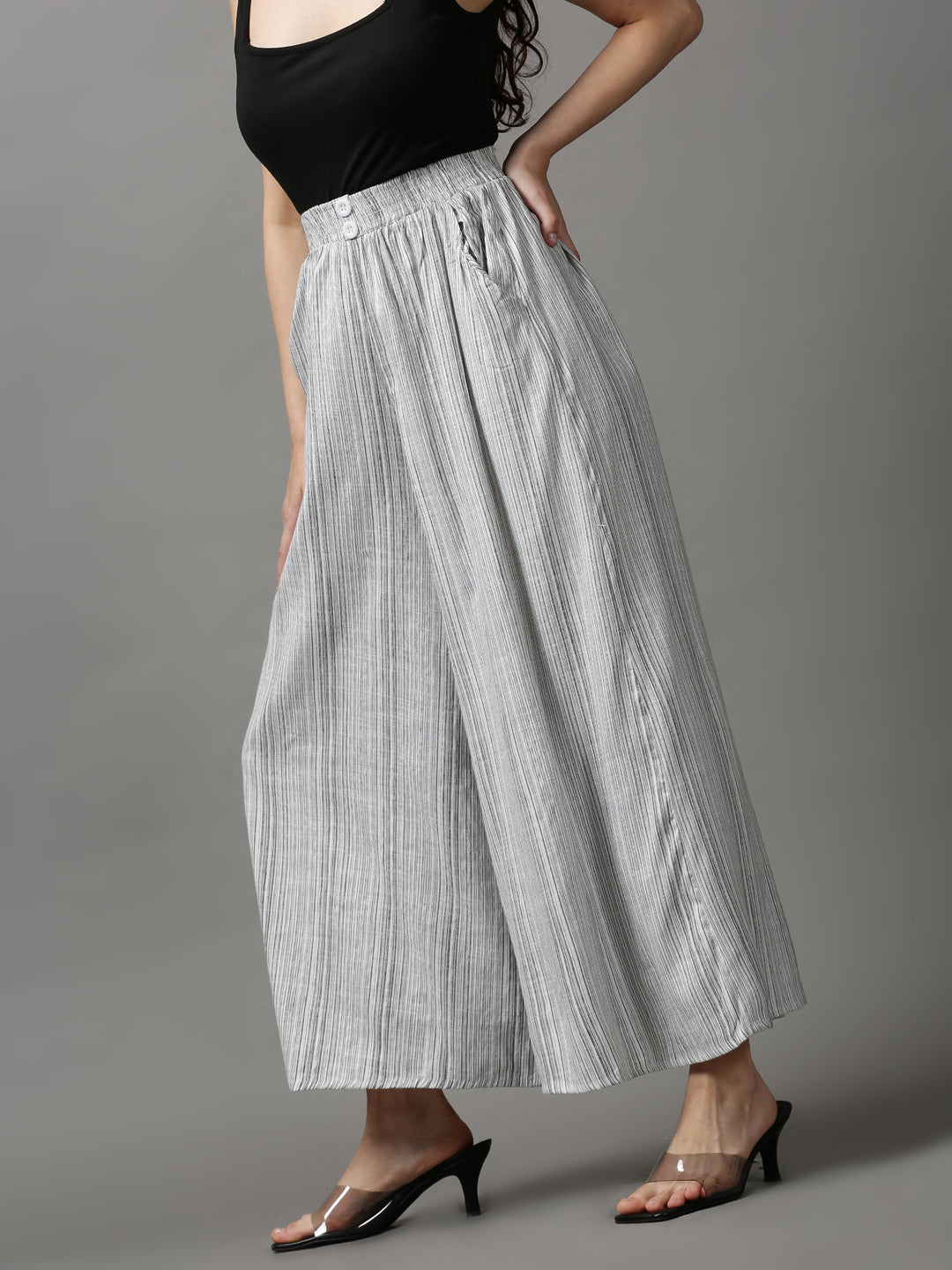 Women's White Striped Flared Trousers