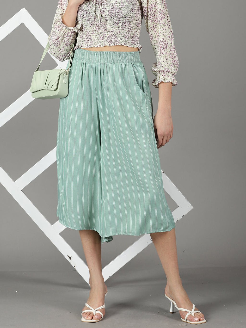 Women's Sea Green Flared High-Rise Culottes Trousers