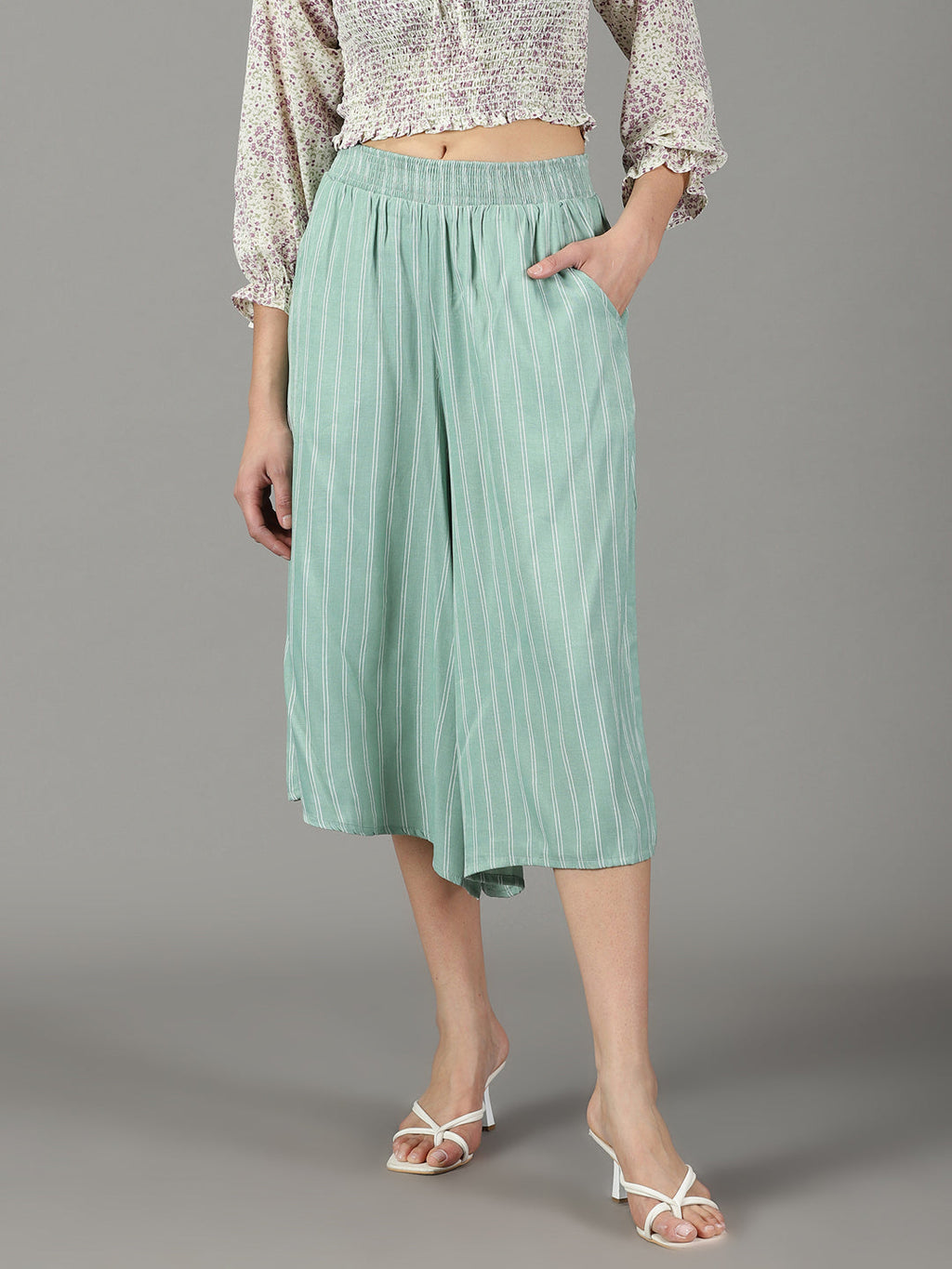 Women's Sea Green Flared High-Rise Culottes Trousers