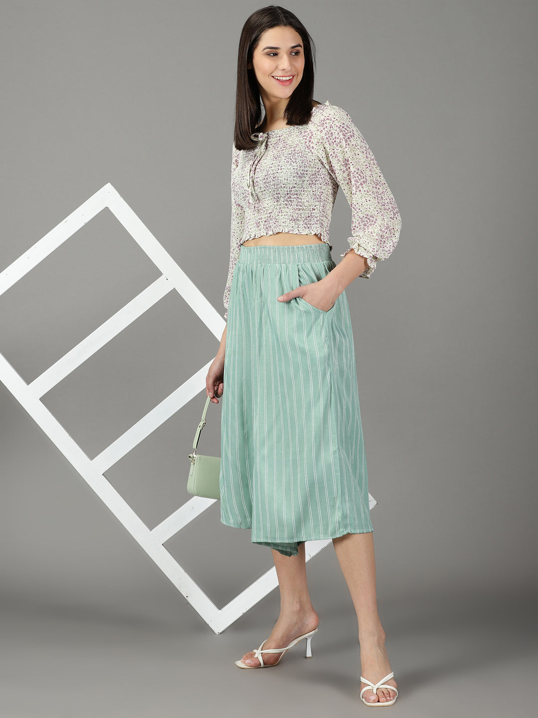 Women's Sea Green Flared High-Rise Culottes Trousers