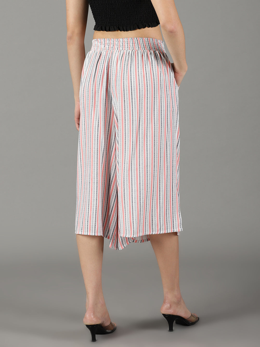 Women's White Striped Relaxed Flared High-Rise Culottes Trousers