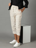 Women's Cream Checked High-Rise Relaxed Straight Fit Linen Regular Trousers