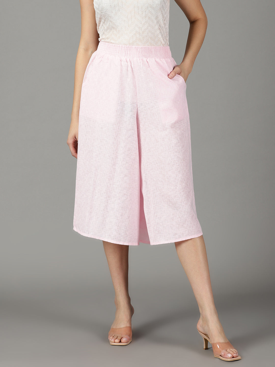 Women's Pink Relaxed Straight Fit High-Rise Linen Culottes